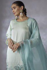 Mint silk linen satin Embroidered Kurta Set